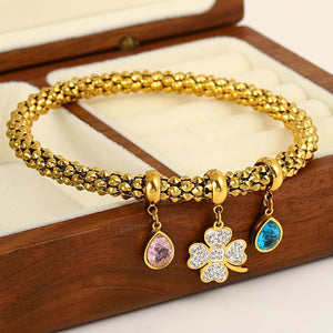 Four Leaf Flower Zircon Lucky Charm Stainless Steel Bangles Bracelets