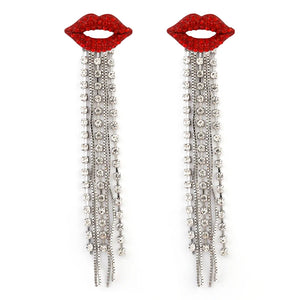 Crystal Red Lip Tassel Earrings Vintage Rhinestone Chain Women Party Jewelry
