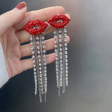 Crystal Red Lip Tassel Earrings Vintage Rhinestone Chain Women Party Jewelry
