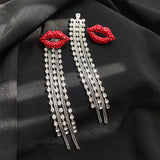 Crystal Red Lip Tassel Earrings Vintage Rhinestone Chain Women Party Jewelry