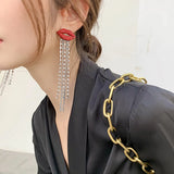 Crystal Red Lip Tassel Earrings Vintage Rhinestone Chain Women Party Jewelry