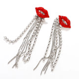 Crystal Red Lip Tassel Earrings Vintage Rhinestone Chain Women Party Jewelry