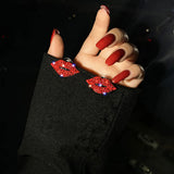 Crystal Red Lip Tassel Earrings Vintage Rhinestone Chain Women Party Jewelry