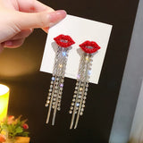 Crystal Red Lip Tassel Earrings Vintage Rhinestone Chain Women Party Jewelry