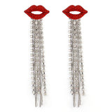 Crystal Red Lip Tassel Earrings Vintage Rhinestone Chain Women Party Jewelry