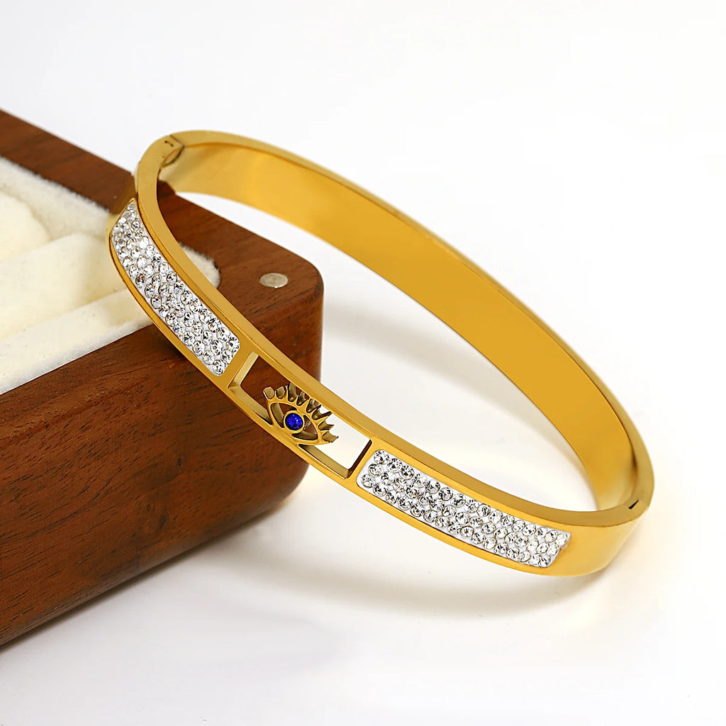 Boho Hollow Evil Eye Stainless Steel Bangle Bracelet