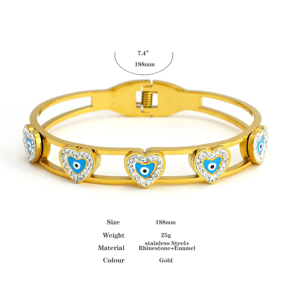 Boho Zircon Heart Evil Eye Enamel Steel Bangles Bracelets for Women