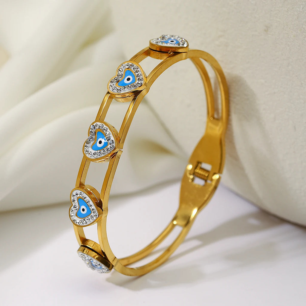 Boho Zircon Heart Evil Eye Enamel Steel Bangles Bracelets for Women