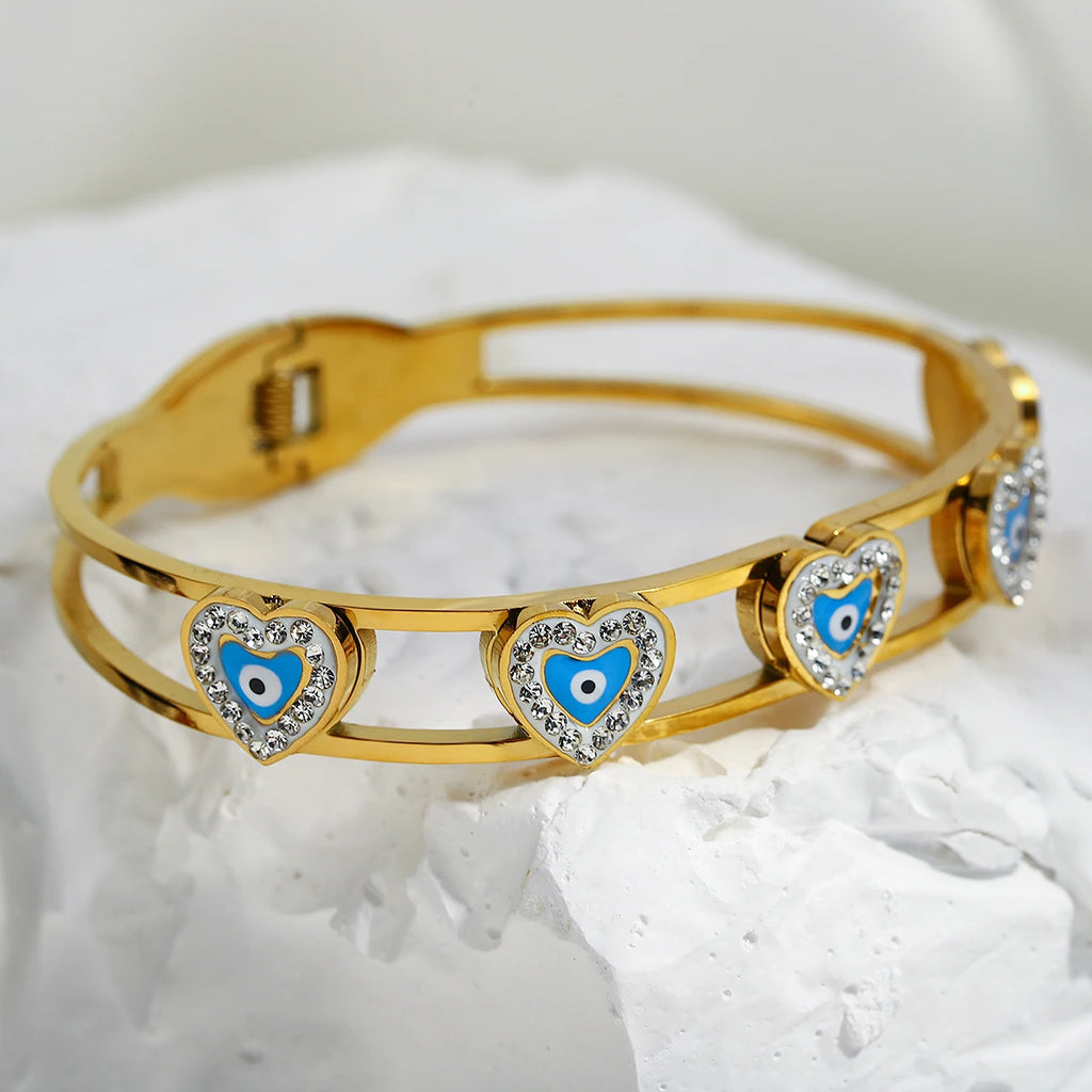 Boho Zircon Heart Evil Eye Enamel Steel Bangles Bracelets for Women