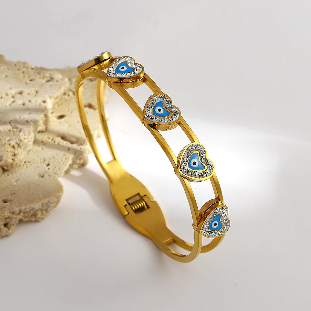 Boho Zircon Heart Evil Eye Enamel Steel Bangles Bracelets for Women