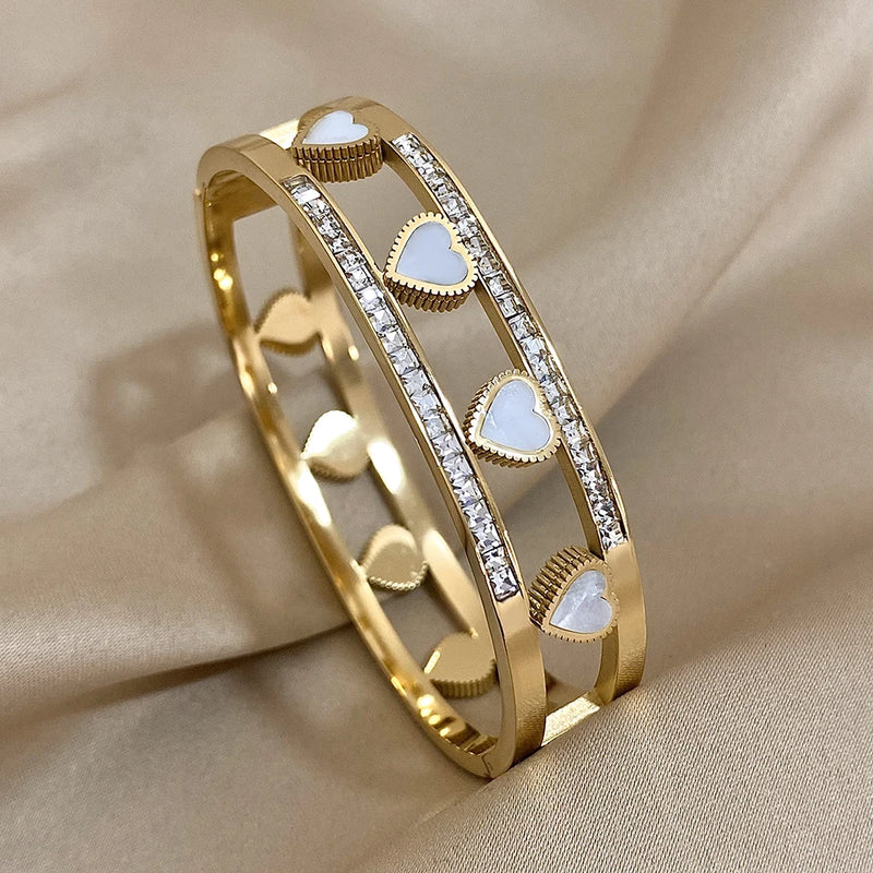 Shell Heart Stainless Steel Charm Bangle Bracelet for Women