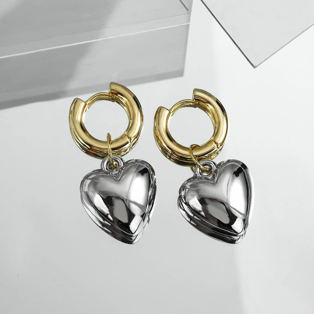 Silver Heart Pendant Drop Earrings Minimalist Metal Jewelry