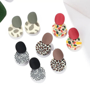 Leopard Polymer Clay Drop Earrings Round Pendant Dangle Earrings