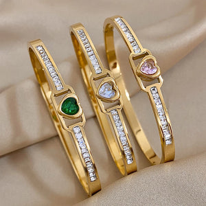 Hollow Zircon Love Heart Stainless Steel Bangles Charm Couple Lover Gift