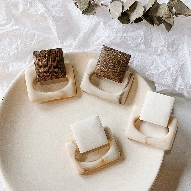 Vintage Resin Wooden Square Drop Earrings Korea Acetic Acid Large Earrings