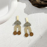 Geometric Wooden Metal Drop Earrings Layered Round Semicircle Long Hanging
