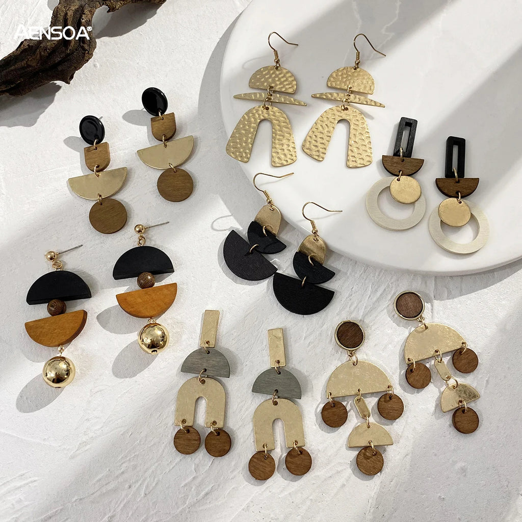 Geometric Wooden Metal Drop Earrings Layered Round Semicircle Long Hanging