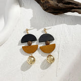 Geometric Wooden Metal Drop Earrings Layered Round Semicircle Long Hanging