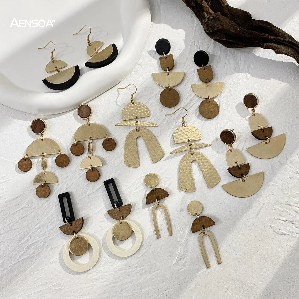 Geometric Wooden Metal Drop Earrings Layered Round Semicircle Long Hanging