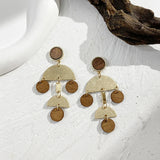 Geometric Wooden Metal Drop Earrings Layered Round Semicircle Long Hanging