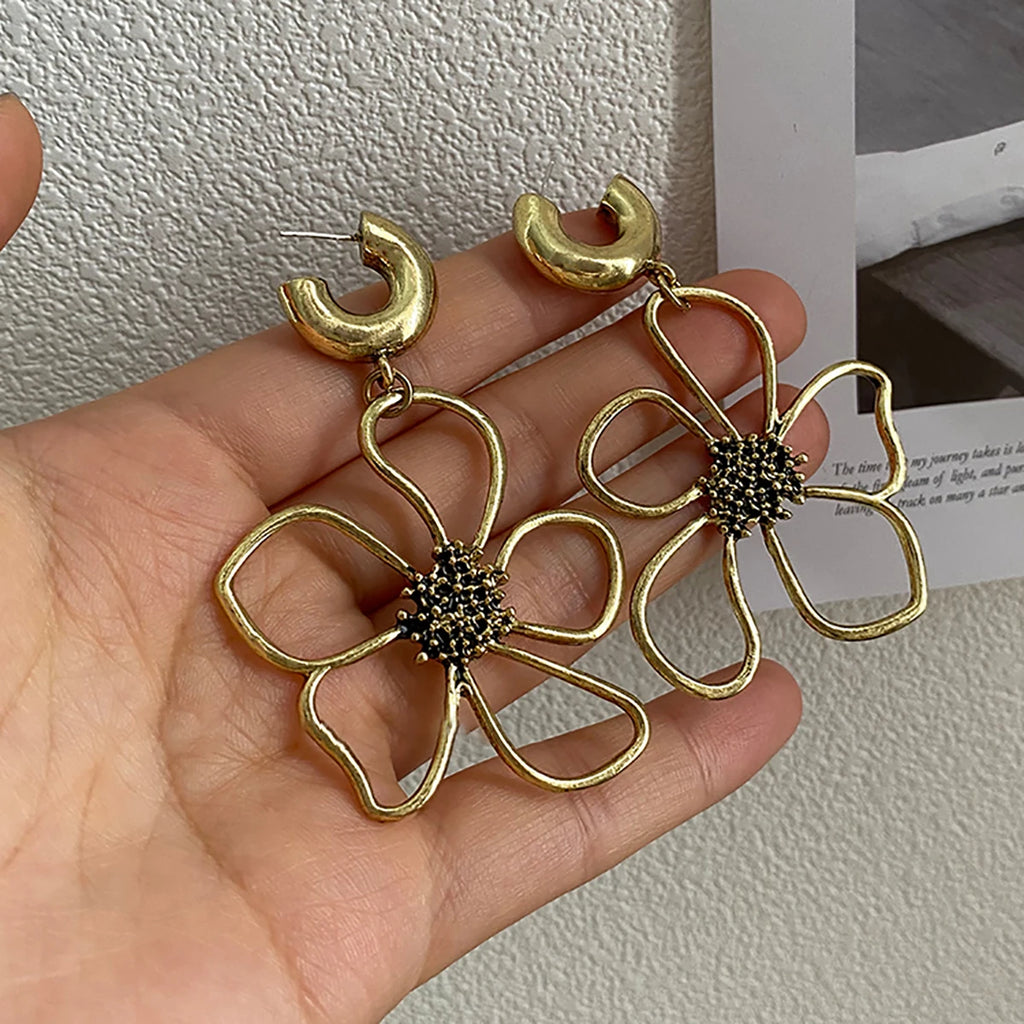 Vintage Hollow Flowers Drop Dangle Earrings Retro Geometric Floral Metal Jewelry