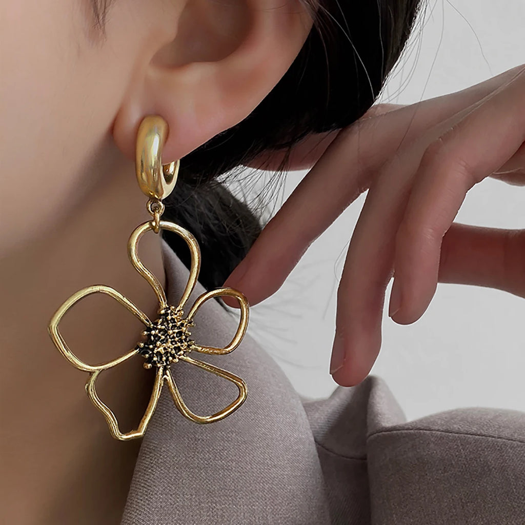 Vintage Hollow Flowers Drop Dangle Earrings Retro Geometric Floral Metal Jewelry