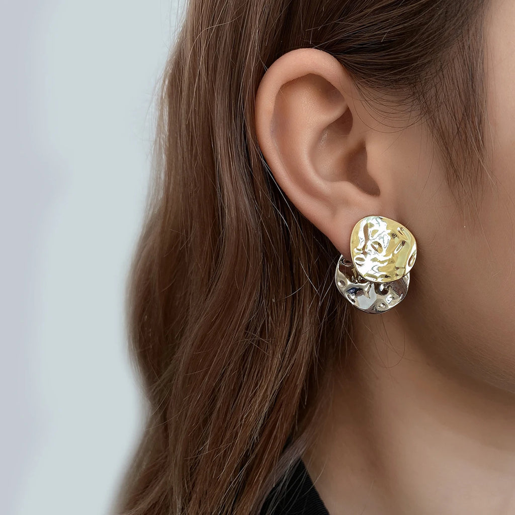 Vintage Geometric Irregular Disc Silver Drop Earrings