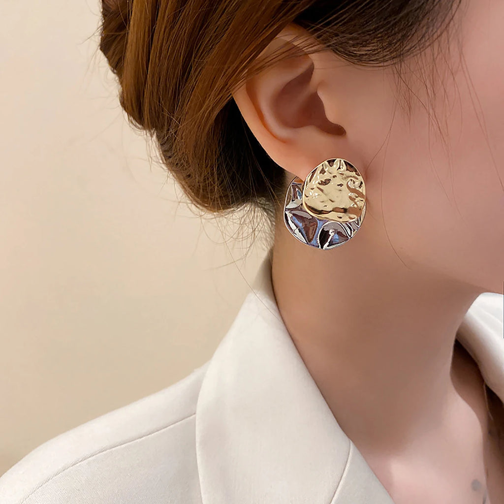Vintage Geometric Irregular Disc Silver Drop Earrings