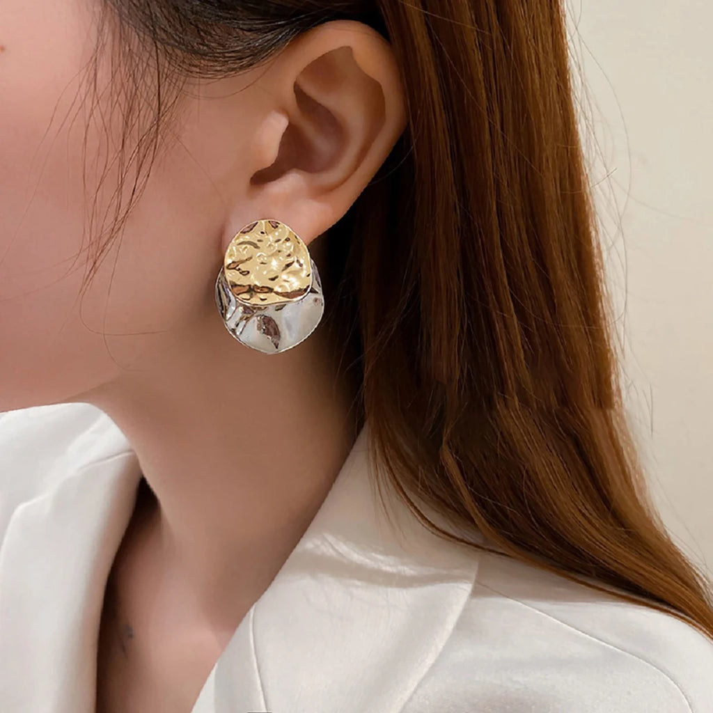 Vintage Geometric Irregular Disc Silver Drop Earrings
