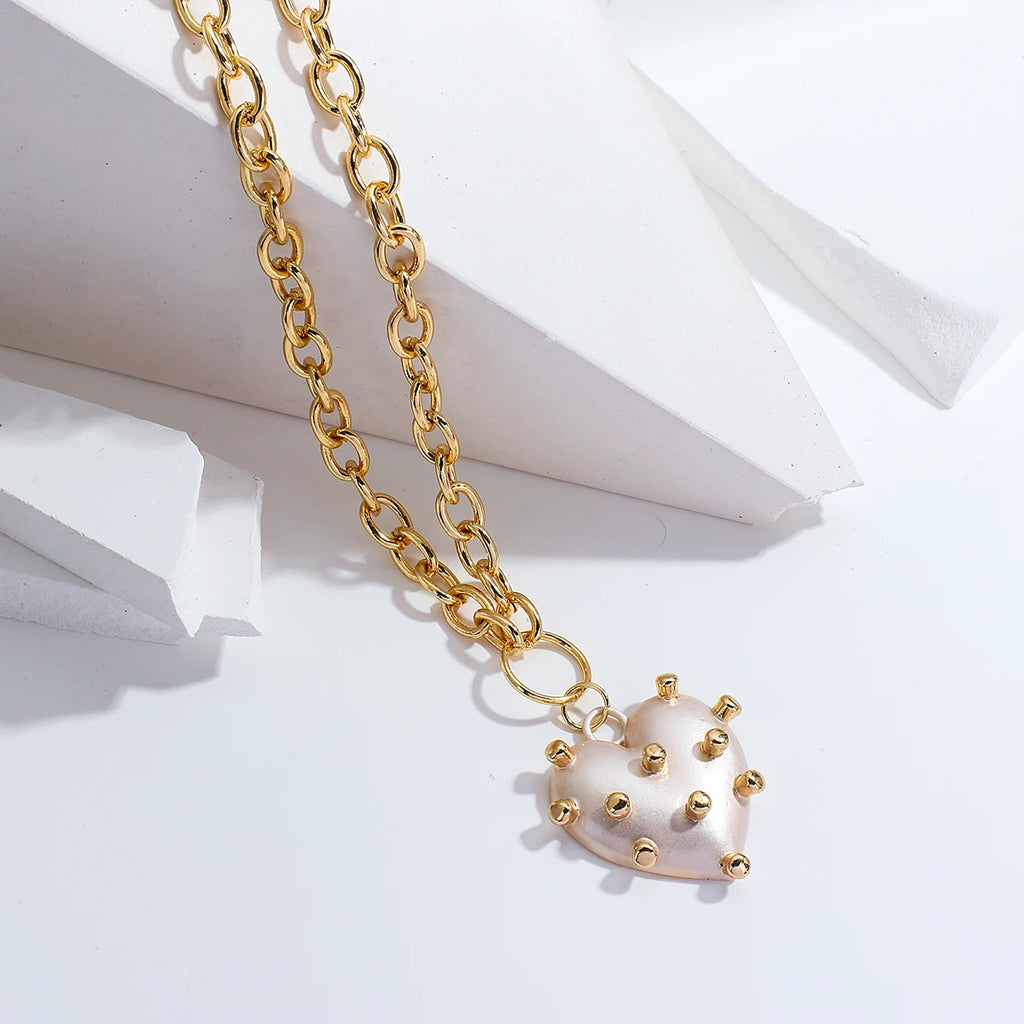 Vintage Wedding Pearl Heart Choker Necklace Geometric Lock Pendant