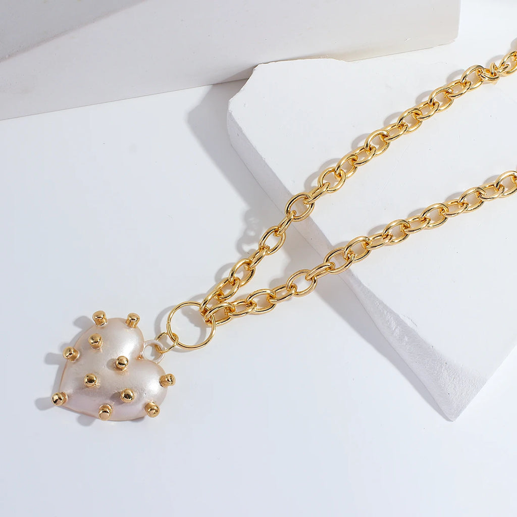 Vintage Wedding Pearl Heart Choker Necklace Geometric Lock Pendant