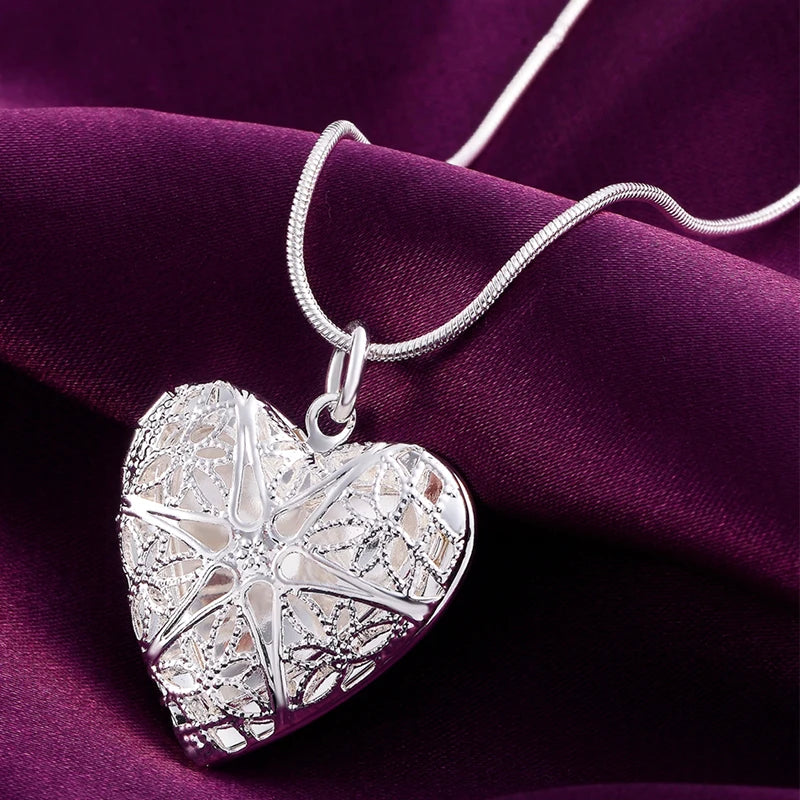 925 Silver Heart Photo Frame Pendant Necklace 18" Chain Wedding Jewelry