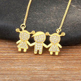 2 Girls & 1 Boy Pendant Copper Zirconia Necklace