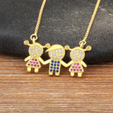 2 Girls & 1 Boy Pendant Copper Zirconia Necklace