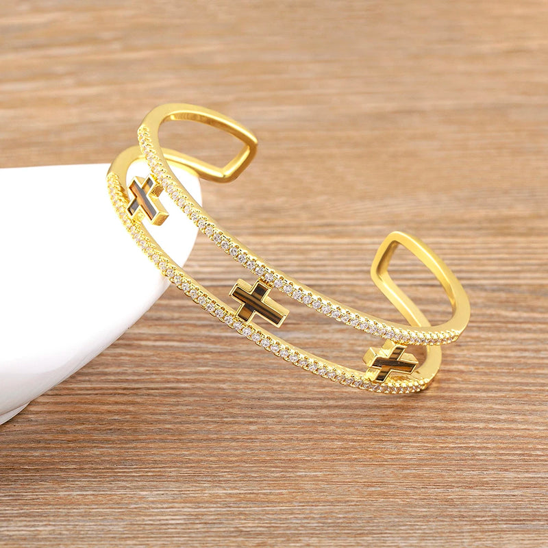 Copper CZ Women's Bracelet Cross Crystal Cuff