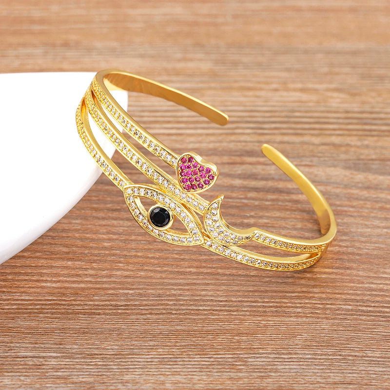 Zircon Evil Eye Bangle Bracelet Copper Plated Layered Open Bangles Jewelry