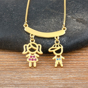 Girl & Boy Rhinestone Pendant Copper Zircon Necklace