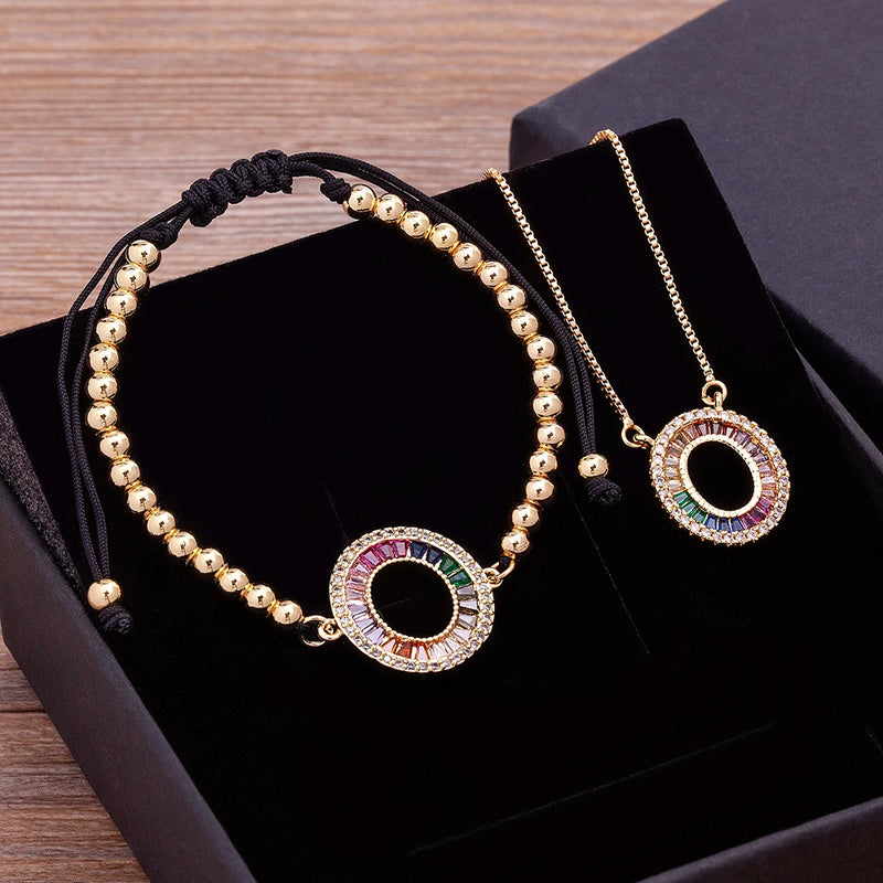 Colorful Crystal Necklace+Bracelet For Woman Men Pendant Charm Fine Jewelry