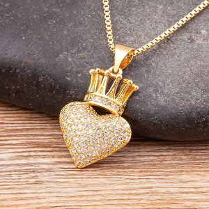 Copper Zircon Heart Crown Pendant Necklace for Women