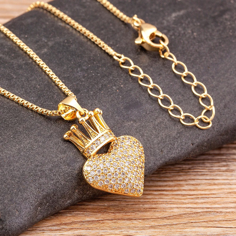 Copper Zircon Heart Crown Pendant Necklace for Women