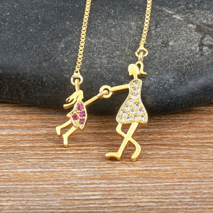 Mom&Daughter Plated Rhinestone Pendant Copper Necklace Mother's Gift
