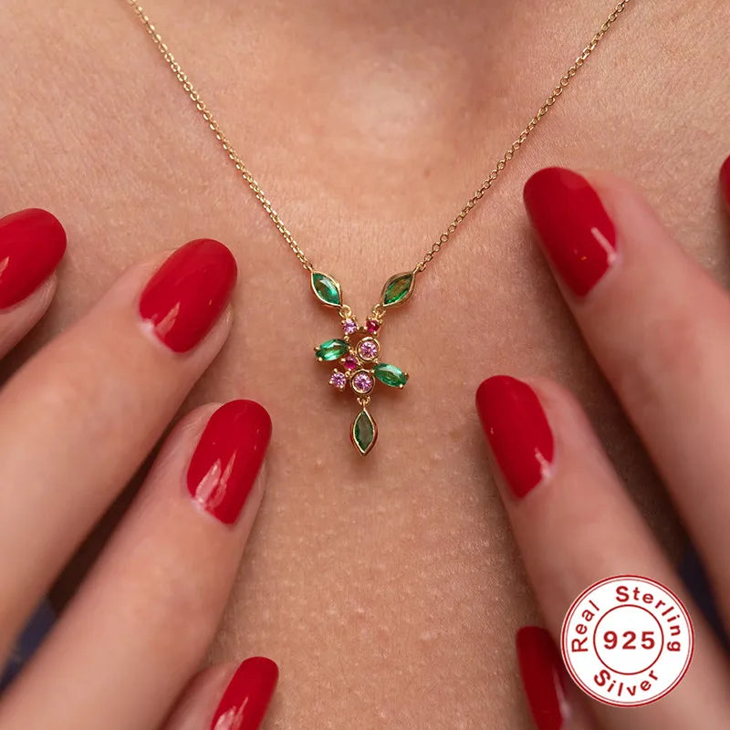 Crystal Coral Pendant Necklace S925 Sterling Silver Y-shaped Jewelry