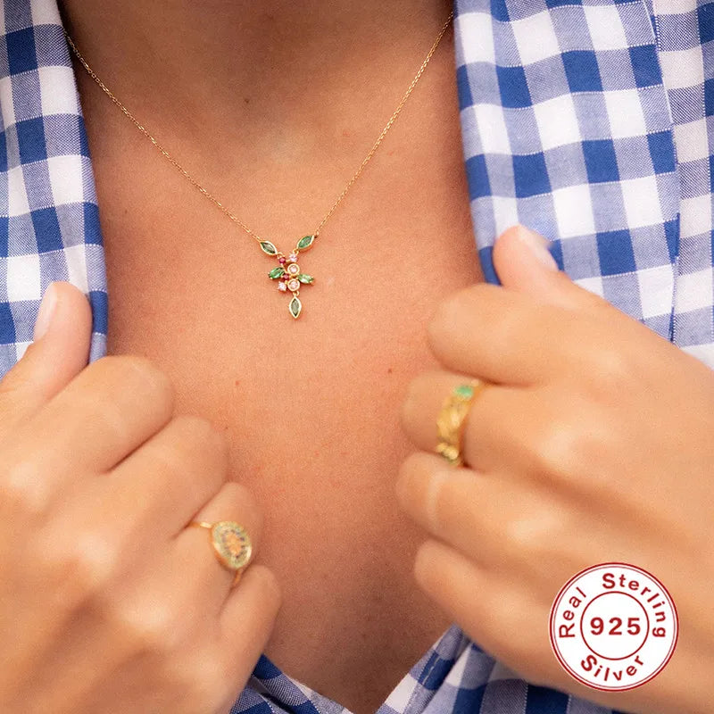Crystal Coral Pendant Necklace S925 Sterling Silver Y-shaped Jewelry