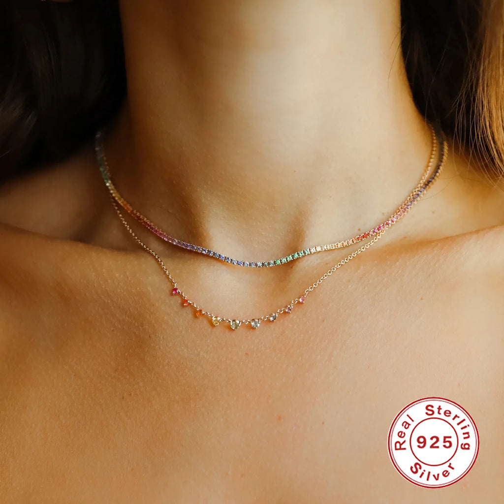 925 Silver CZ Minimalist Necklace, 18K Plated Chain