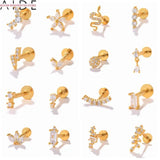 925 Silver Stud Earrings Lightning Leaves Cartilage Piercing 16G Thread Studs