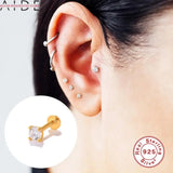 925 Silver Stud Earrings Lightning Leaves Cartilage Piercing 16G Thread Studs