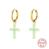 925 Silver Orange Enamel Cross Huggie Earrings