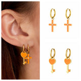 925 Silver Orange Enamel Cross Huggie Earrings