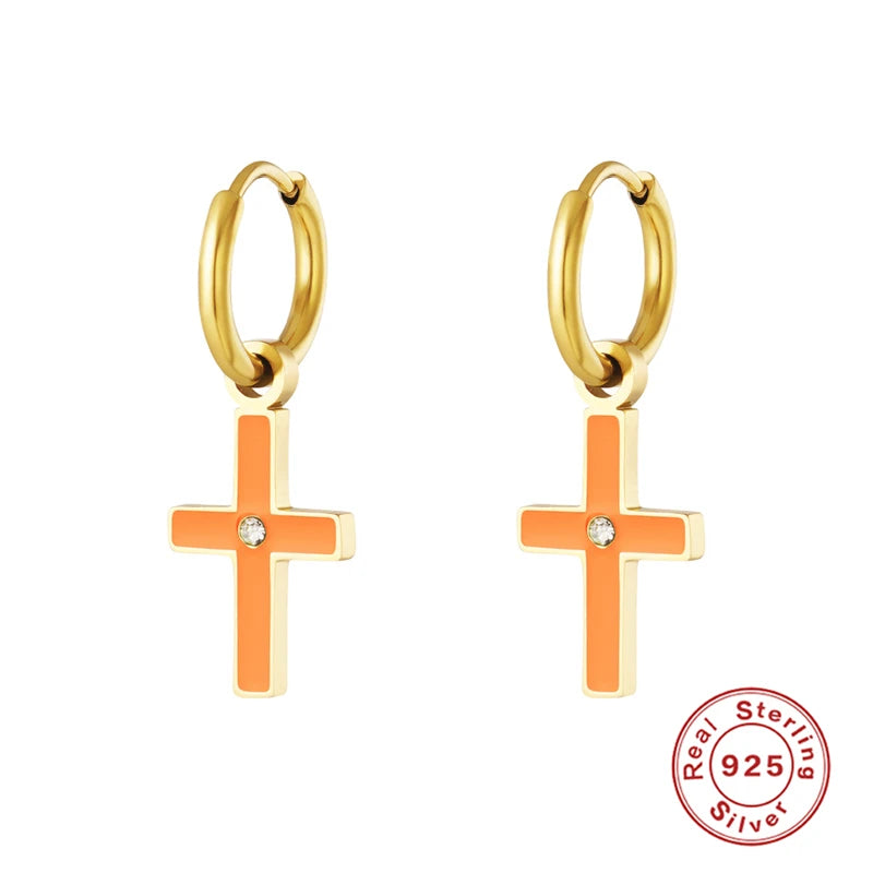 925 Silver Orange Enamel Cross Huggie Earrings