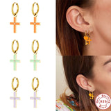 925 Silver Orange Enamel Cross Huggie Earrings